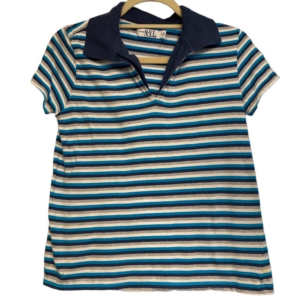 New York Laundry polo style pullover V-neckline striped short sleeves Sz medium